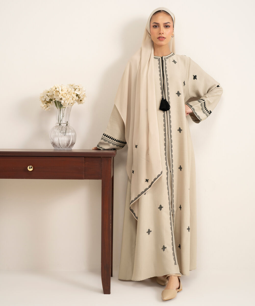 Women's Beige Crinkle Abbaya Set