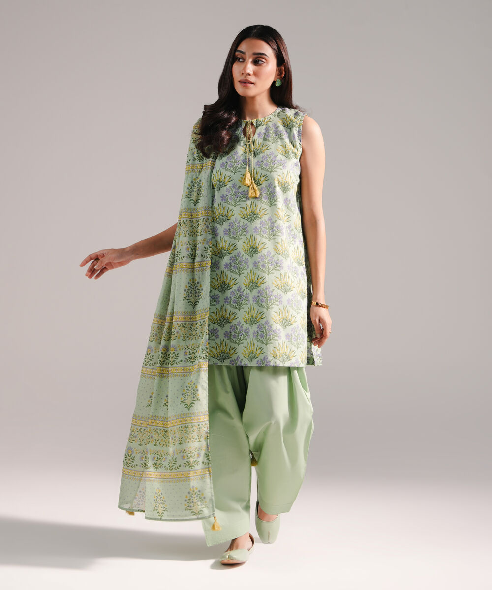 Women's RTW Lawn Printed Green 3 Piece Suit