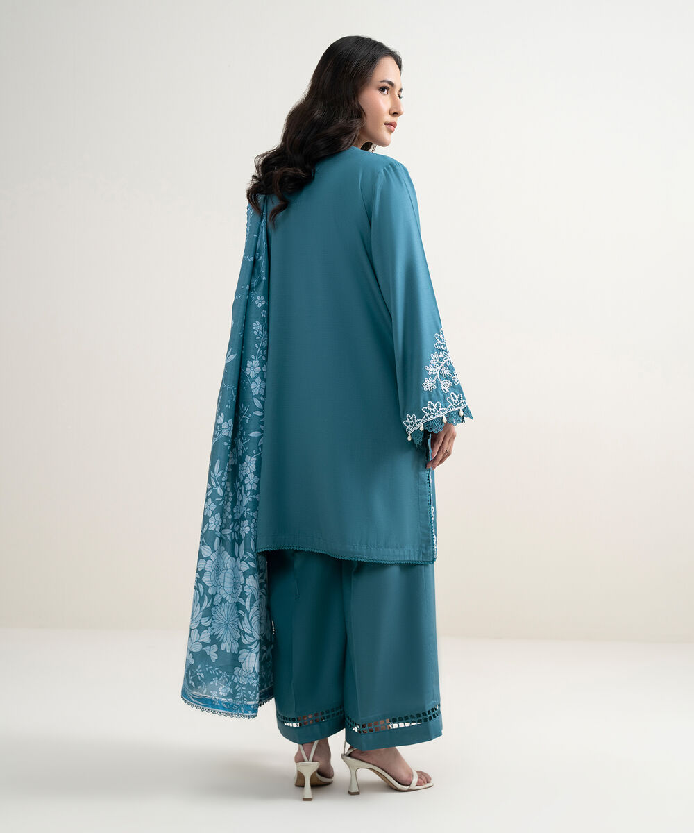 Women's RTW Cotton Viscose Embroidered Blue 3 Piece Suit