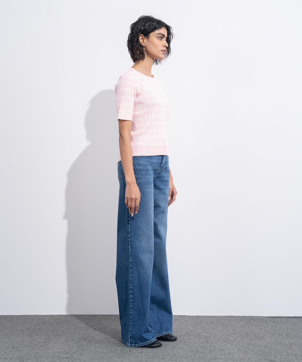 Women's Western Wear Pink Short Sleeve Striped Sweater