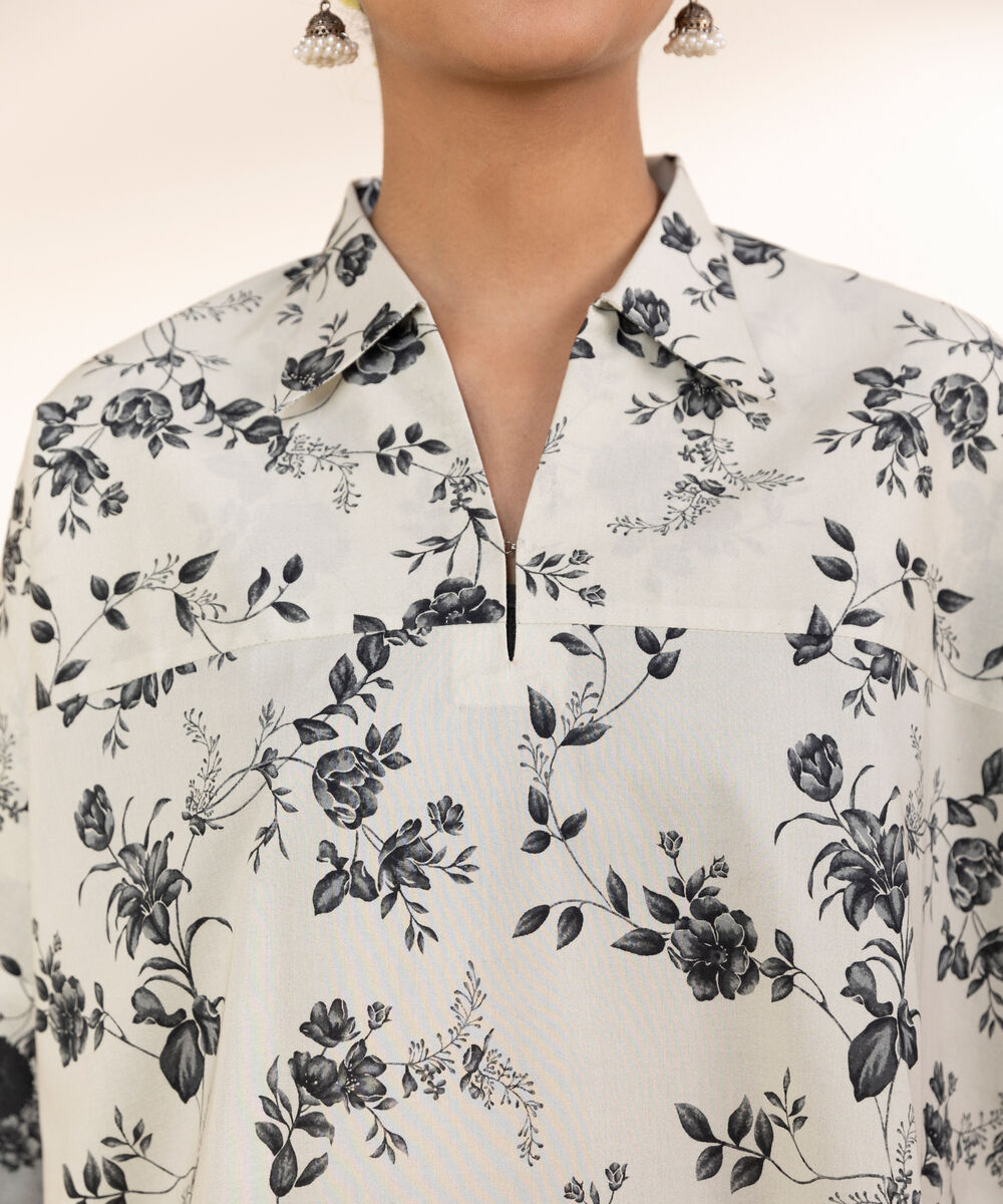 Women's Unstitched Lawn Printed White Shirt