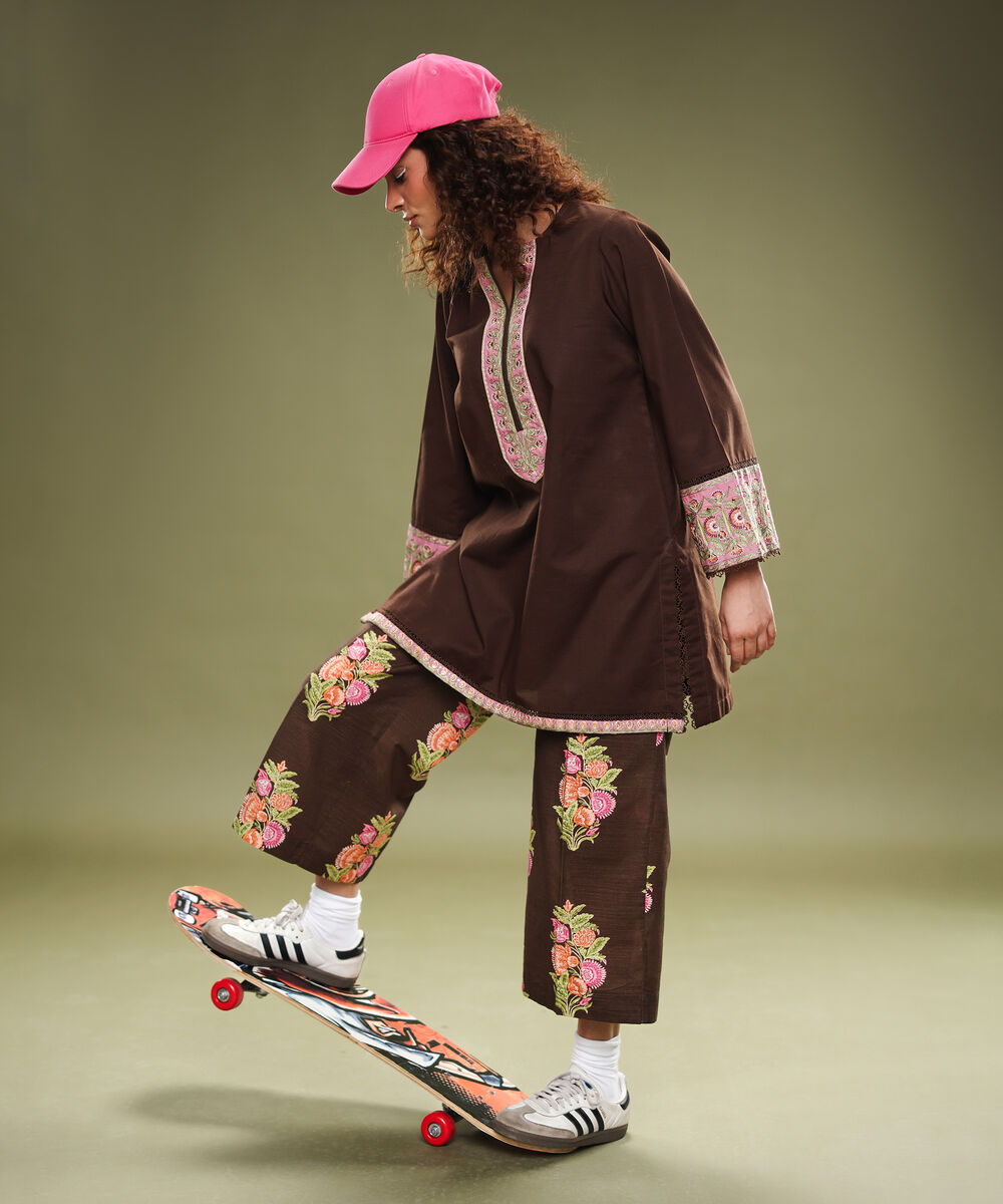 Women's RTW Light Khaddar Printed Brown Flared Pants