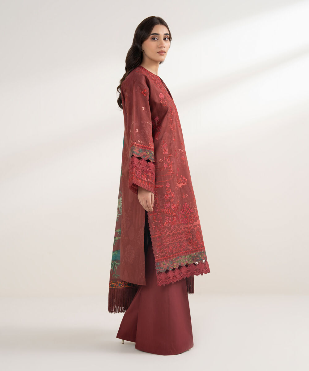 Women's Unstitched Cotton Embroidered Red 3 Piece Suit