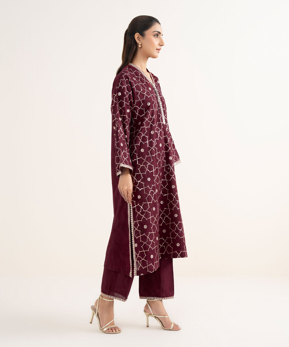 Women's RTW Self Jacquard Leno Embroidered Maroon Drop Shoulder Shirt