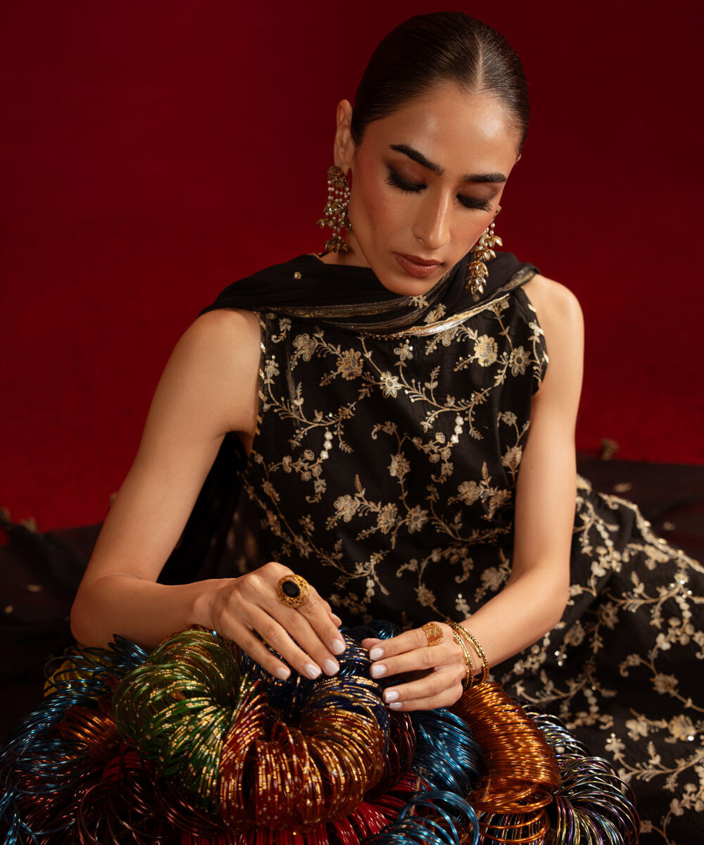 Women's Unstitched Textured Lawn Black Embroidered 3 Piece Suit