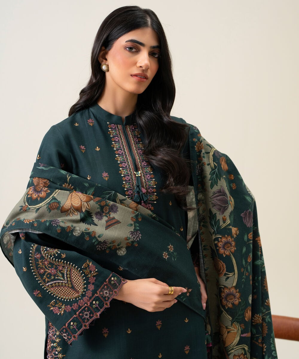 Womens Unstitched Light Khaddar Embroidered Dark Blue 3 Piece Suit