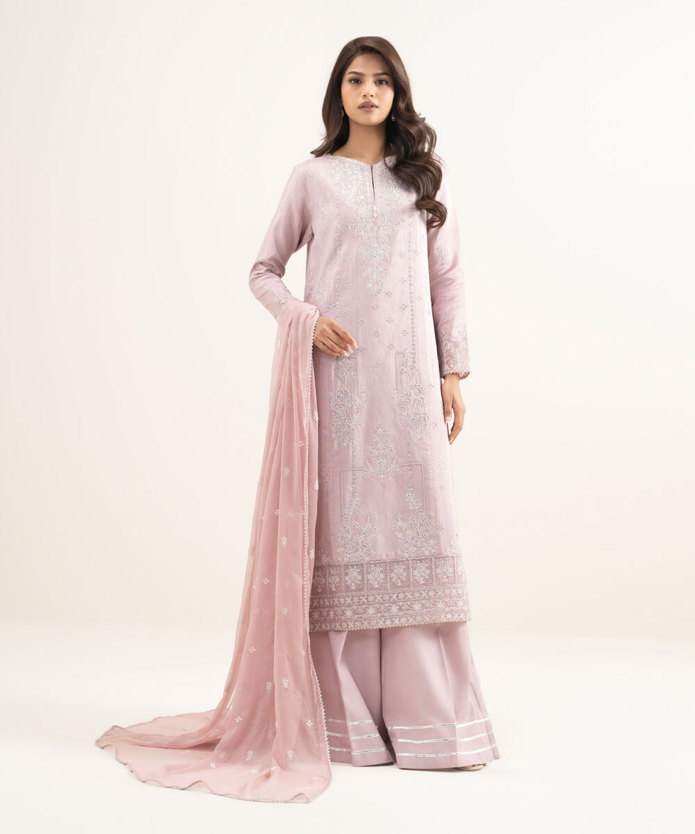 Women's Unstitched Raw Silk Embroidered Purple 3 Piece Suit