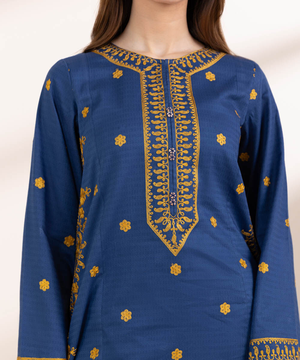 Women's Pret Dobby Blue Embroidered A-Line Shirt