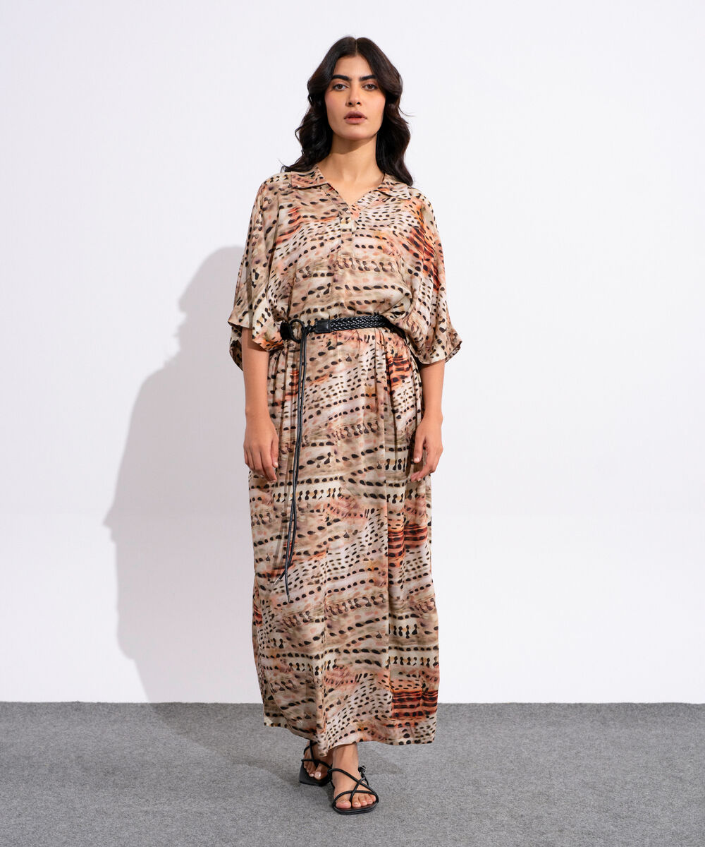 Women's Multicoloured Printed Kimono Dress With Leather Belt