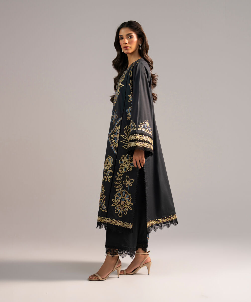 Women's RTW Lawn Embroidered Black 3 Piece Suit