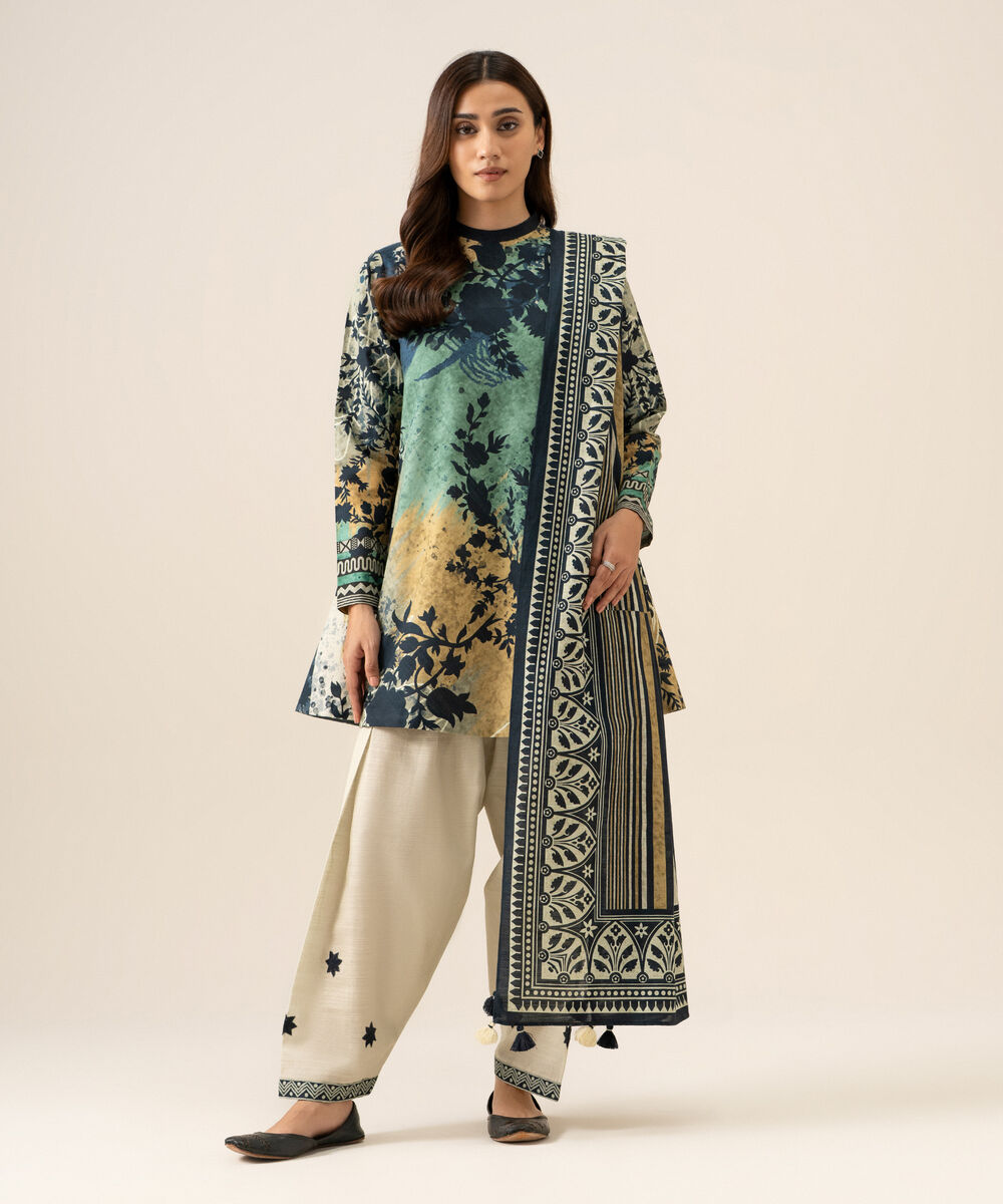 Women's Unstitched Light Khaddar Printed Multi 3 Piece Suit