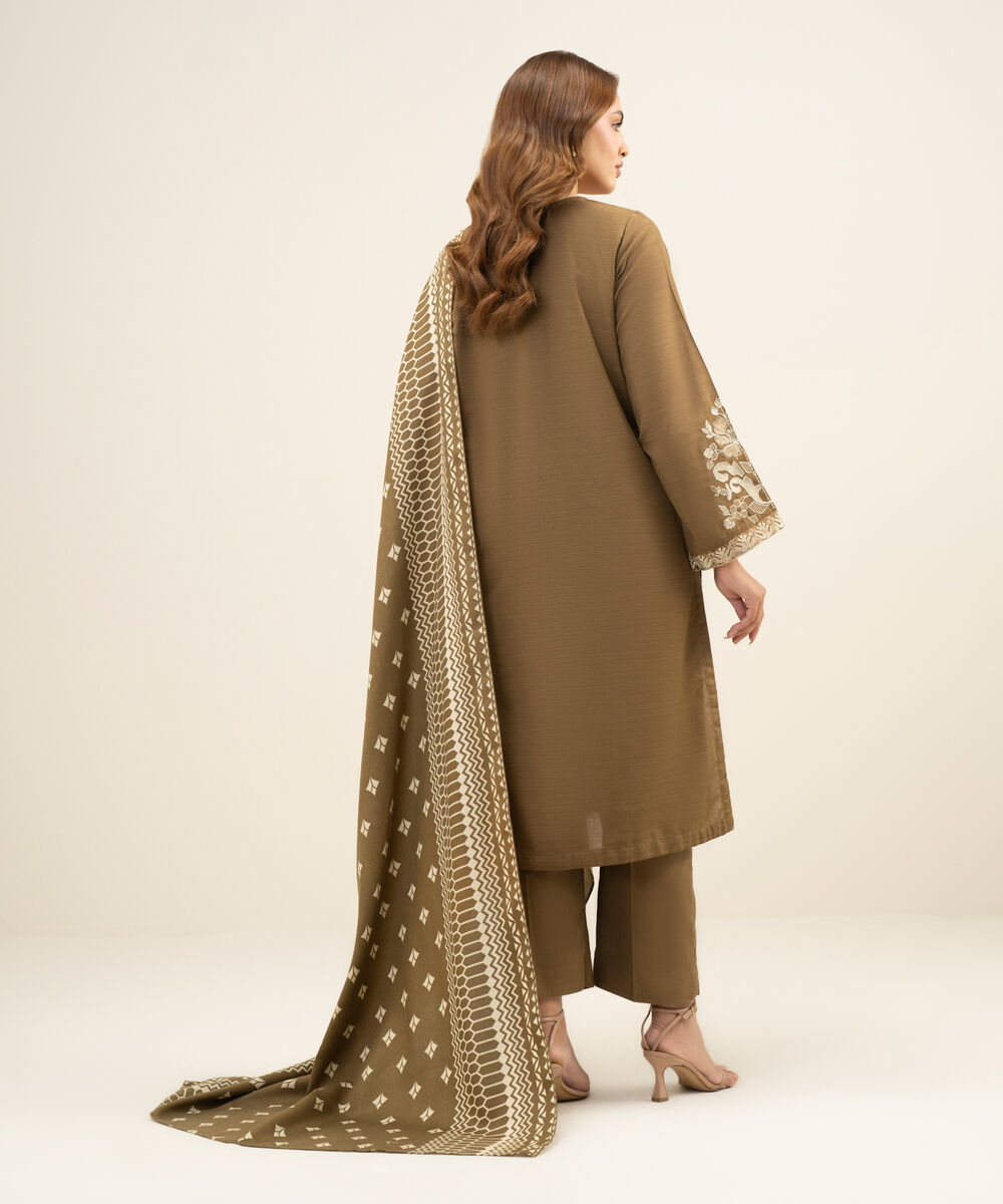 Women's Unstitched Khaddar Brown  3 Piece Suit