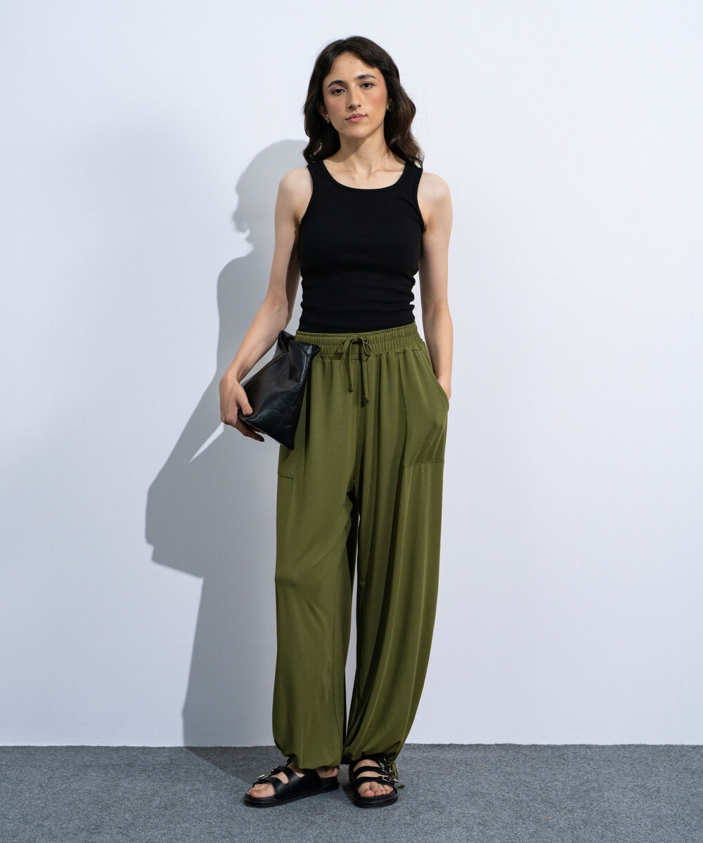 Women's Olive Green Flowing Balloon Trousers