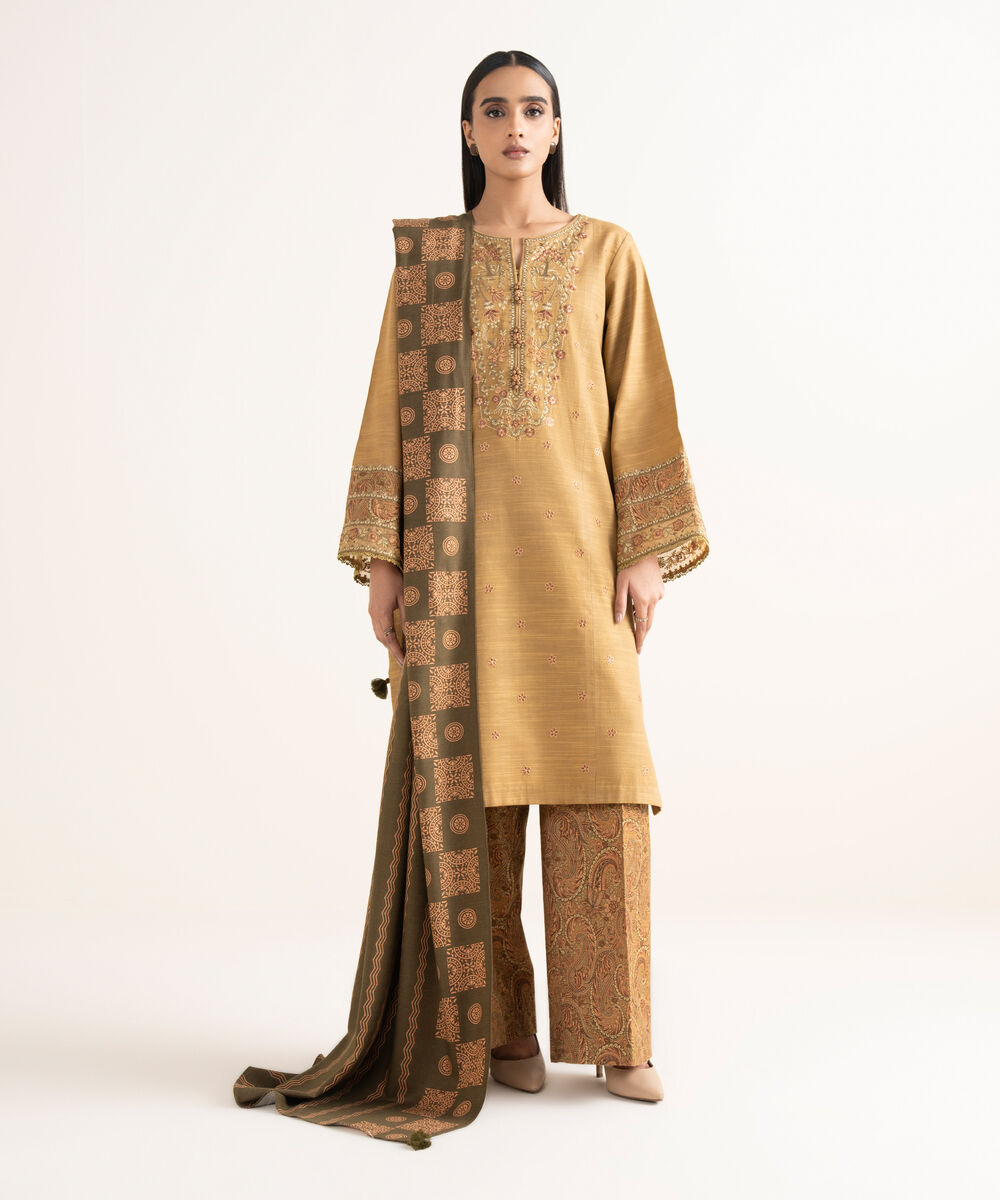 Women's Unstitched Khaddar Embroidered Brown 3 Piece Suit