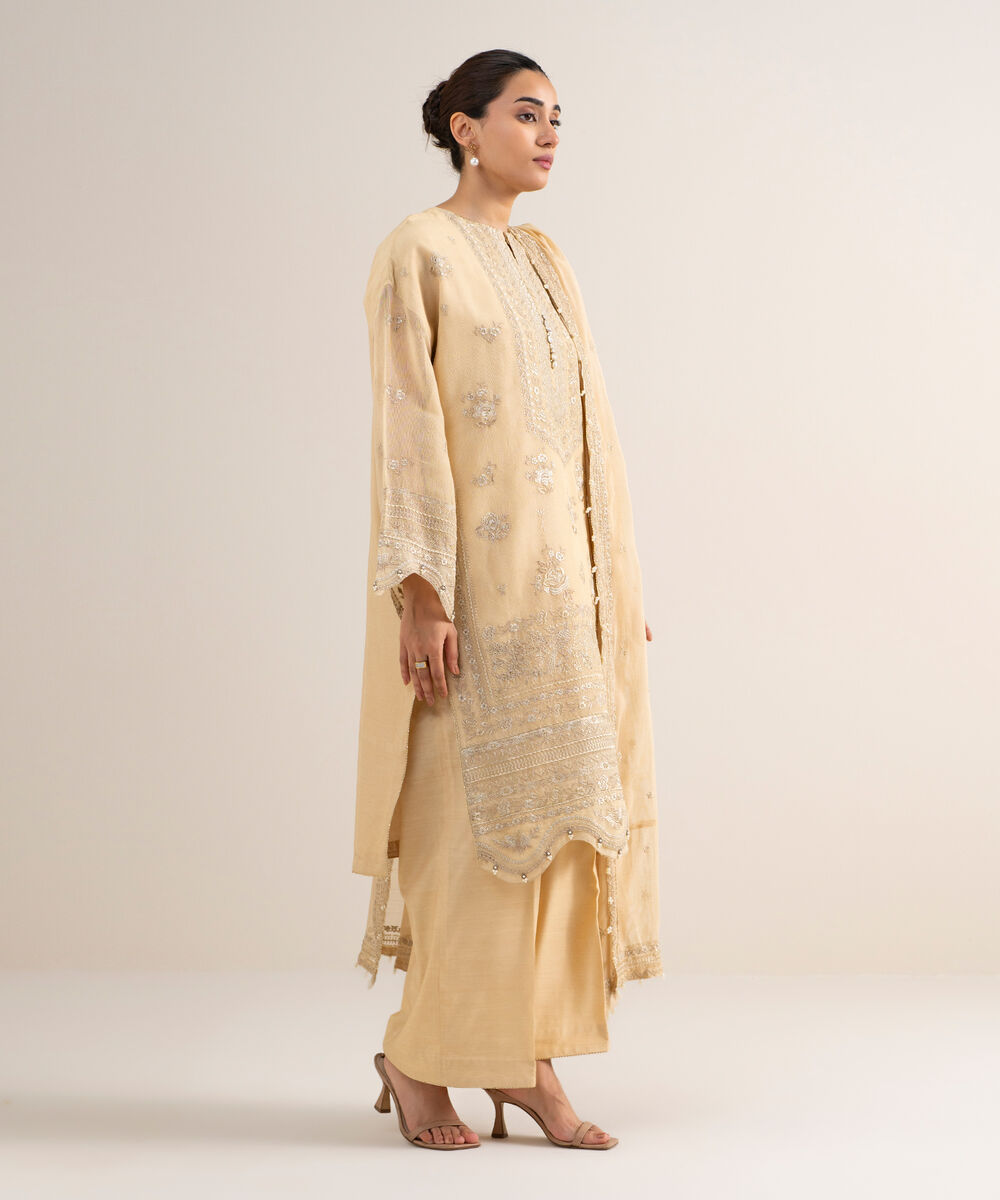 Women's Unstitched Khaddi Net Embroidered Beige