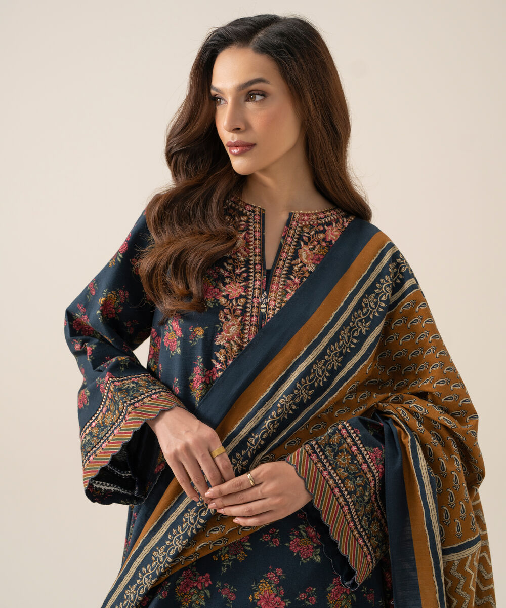 Women's Unstitched Light Khaddar Embroidered Blue 3 Piece Suit