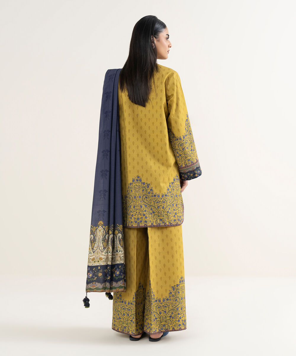 Women's Unstitched Printed Khaddar Mustard 3 Piece Suit