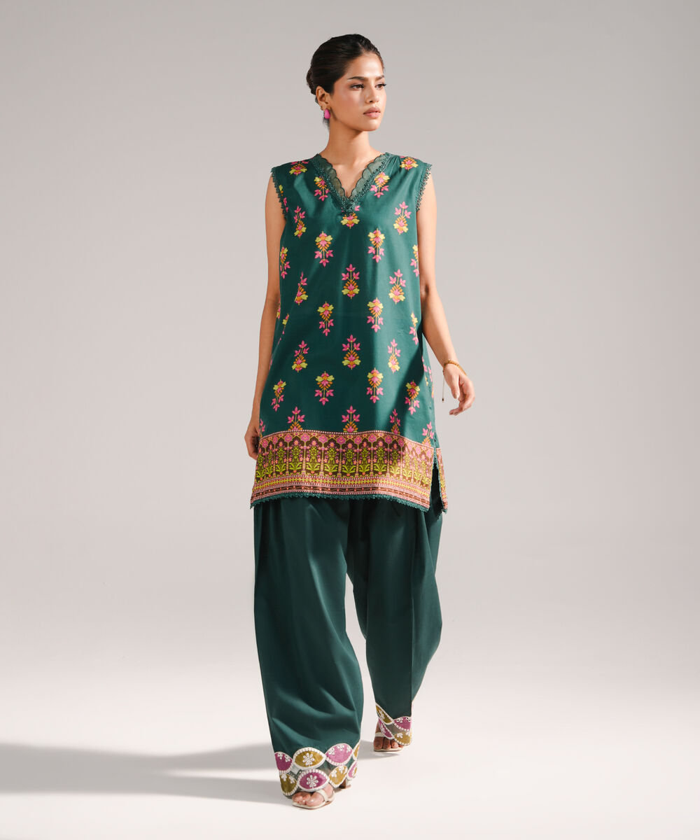 Women's RTW Slub Lawn Printed Dark Green Straight Shirt