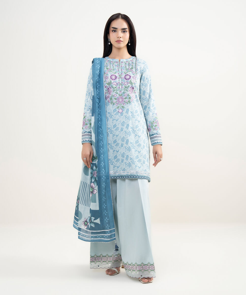 Women's Unstitched Lawn Embroidered Blue 3 Piece Suit