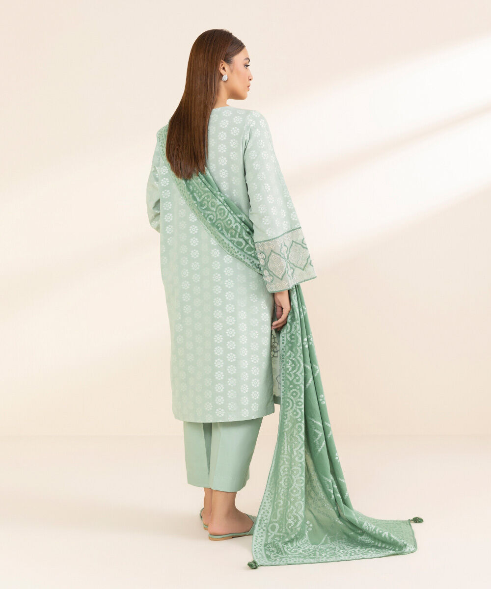 Women's Unstitched Green Extra Weft Jacquard, Jacquard 3 Piece Suit