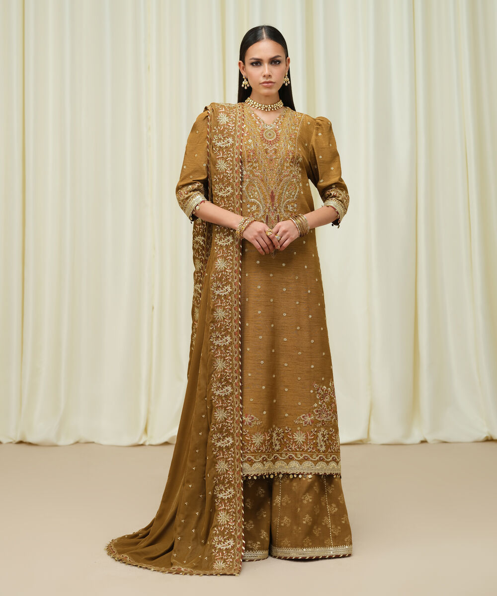 Women's Unstitched Raw Silk Embroidered Brown 3 Piece Suit