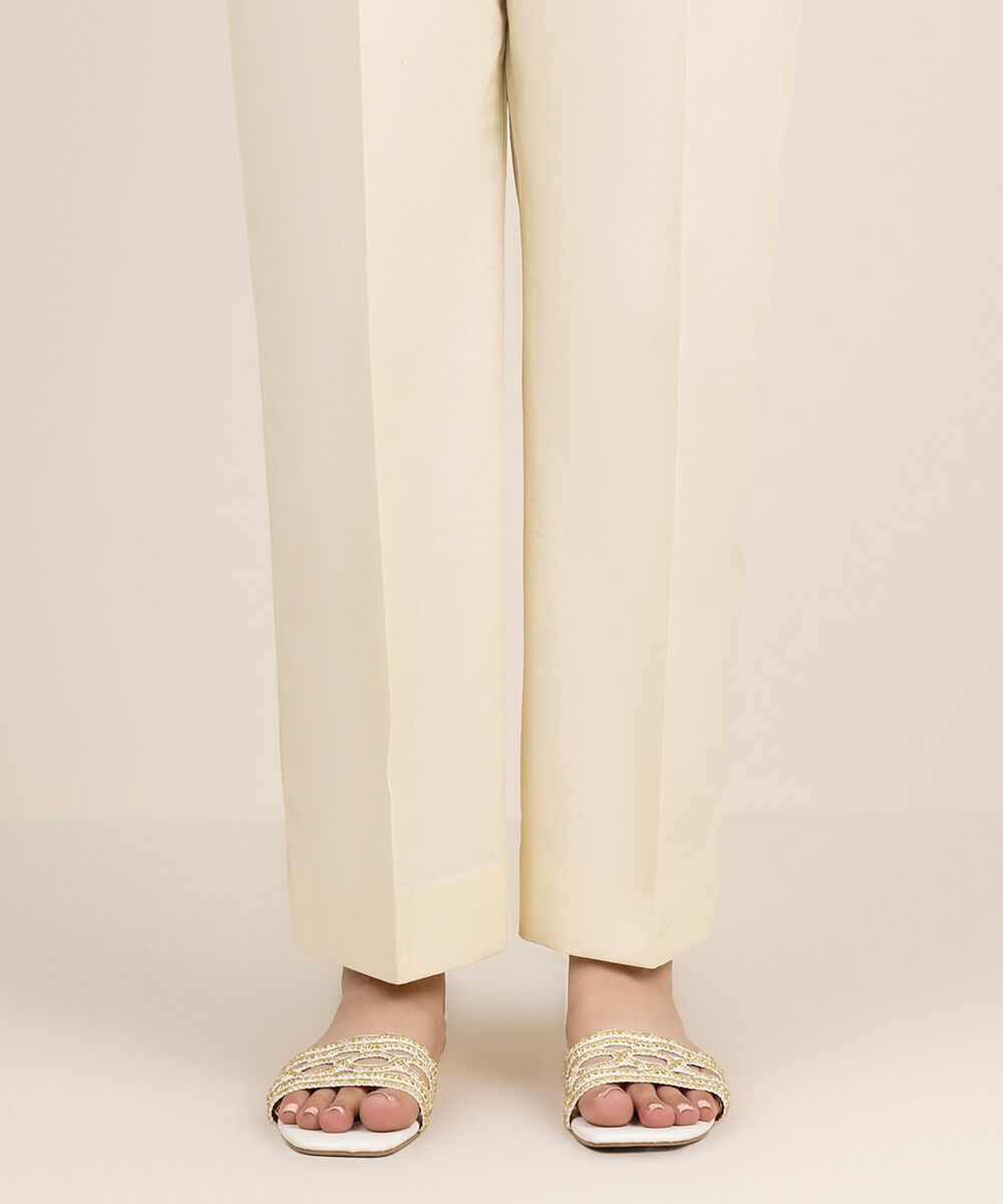 Women's Unstitched Cotton Printed Off White Trousers Fabric