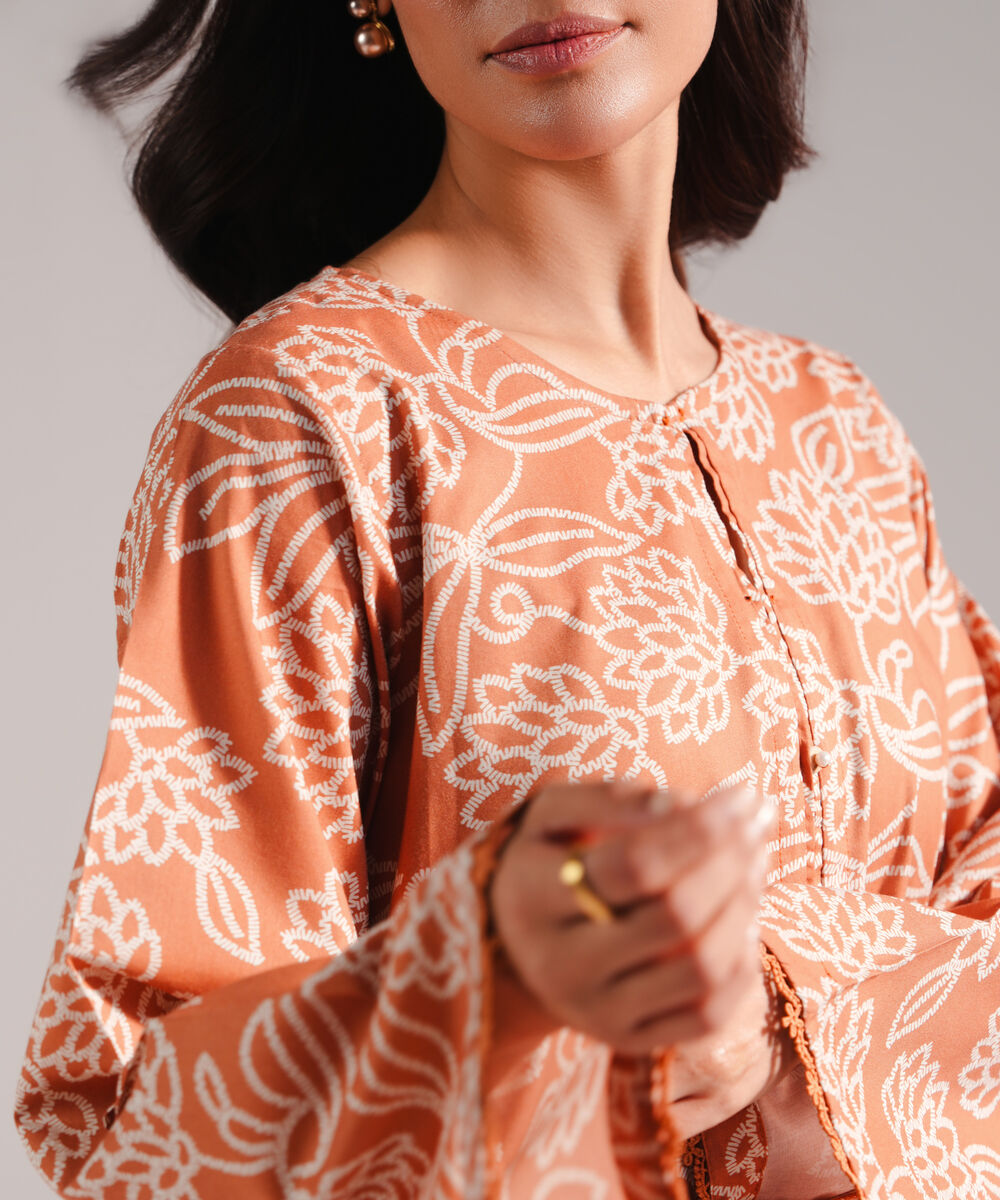 Women's RTW Cotton Viscose Printed Orange 2 Piece Suit