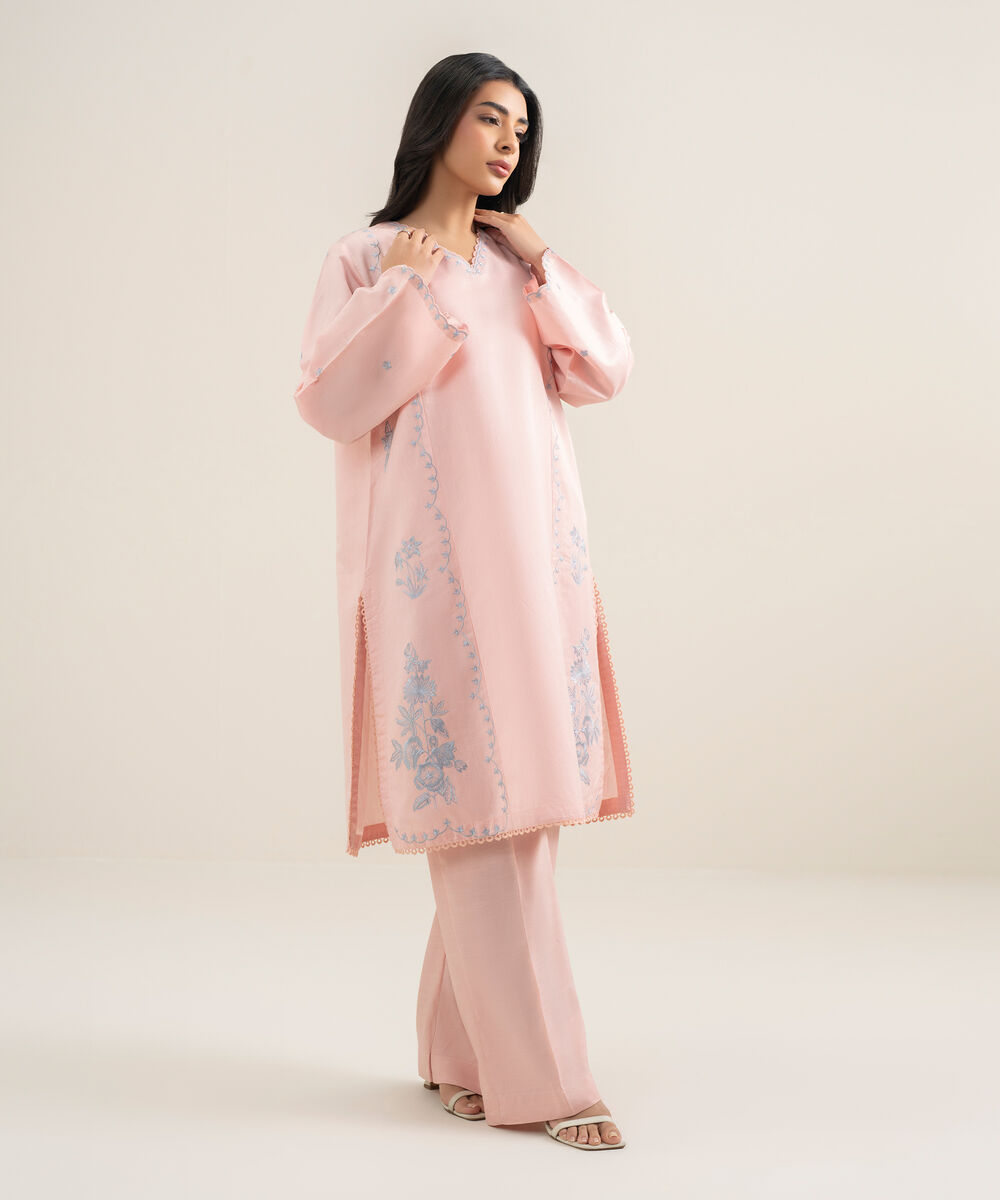 Women's RTW Silk Cotton Net Embroidered Pink 2 Piece Suit