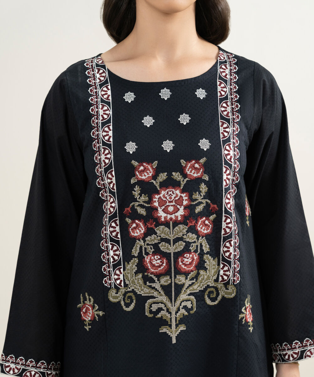 Women's RTW Dobby Embroidered Black Straight Shirt