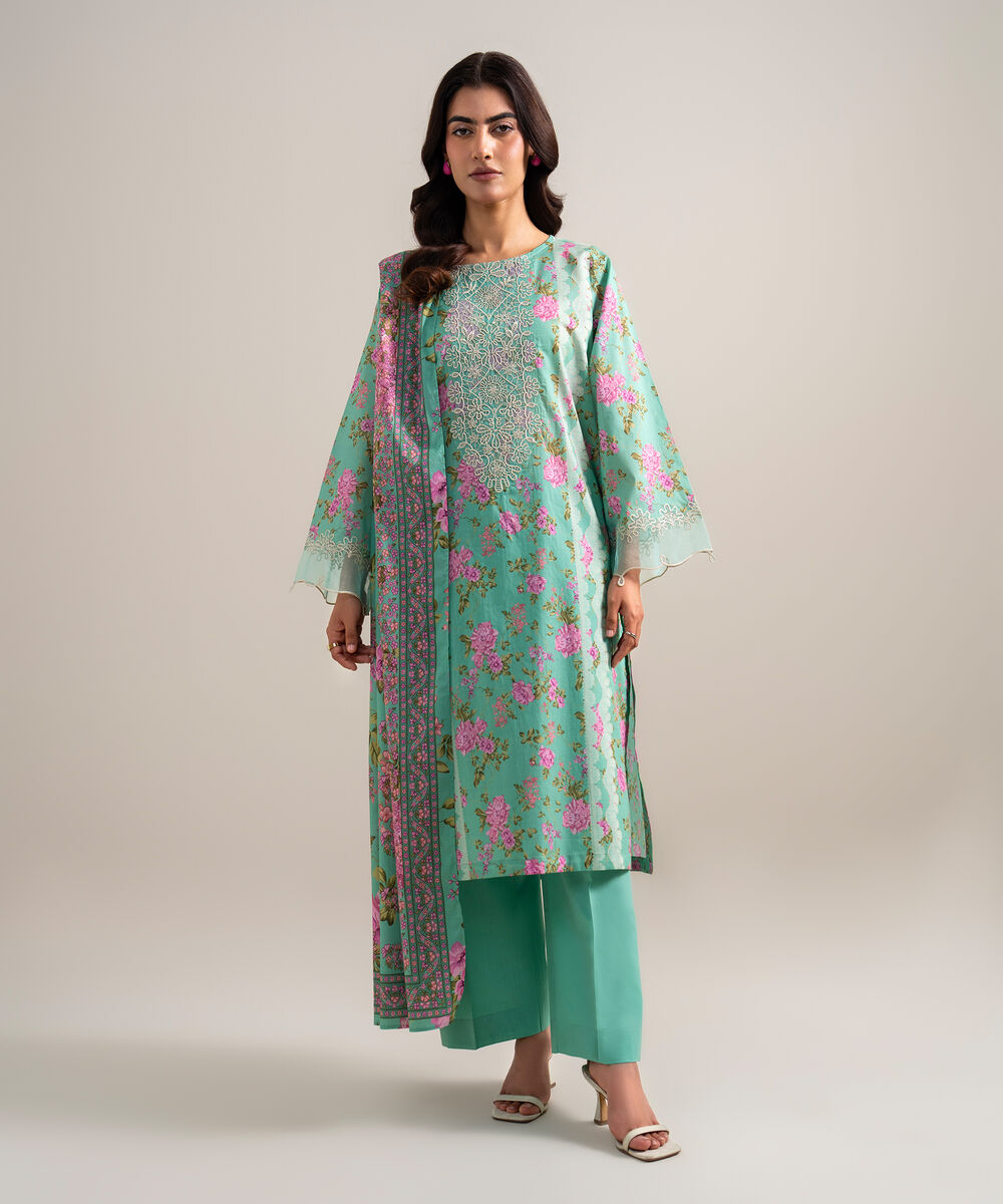 Women's Unstitched Lawn Embroidered Tea Pink 3 Piece Suit