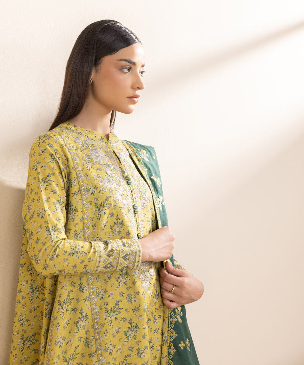 Women's Unstitched Khaddar Yellow Embroidered 3 Piece Suit