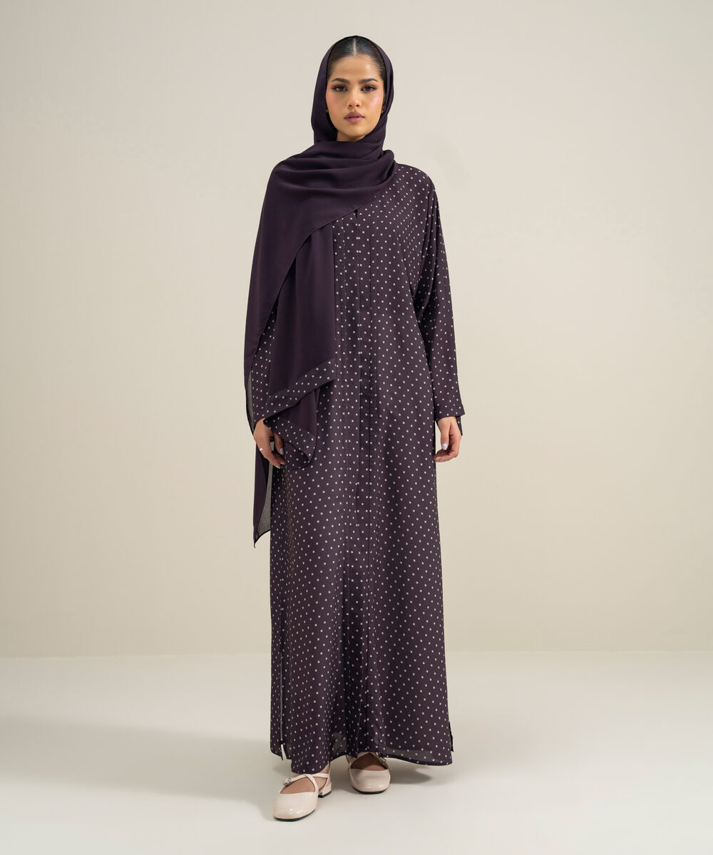 Women's Polyester Purple Kimono Printed Abbaya Set