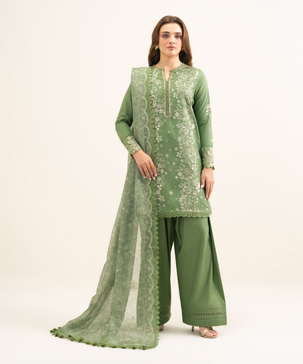 Women's Unstitched Fine Cotton Satin Embroidered Green 3 Piece Suit