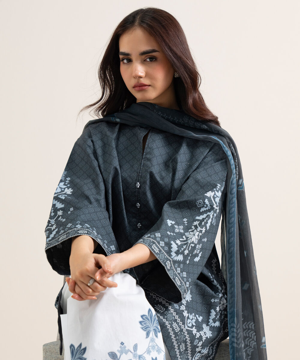Women's Unstitched Cotton Printed Dark Blue  3 Piece Suit