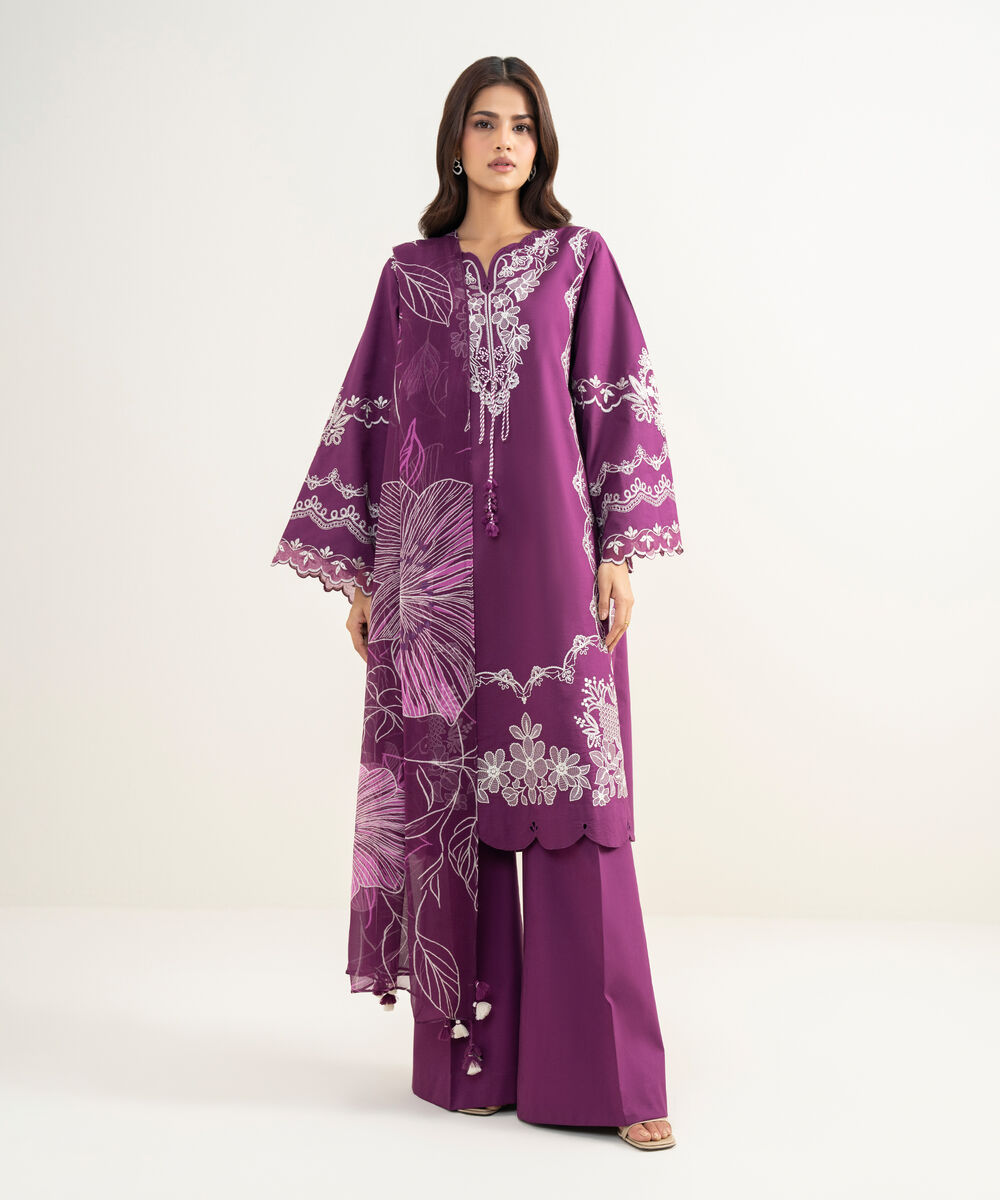 Women's Unstitched Textured Lawn Embroidered Purple 3 Piece Suit