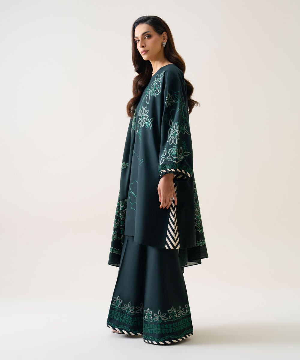 Women's Unstitched Textured Cotton Embroidered Teal 3 Piece Suit