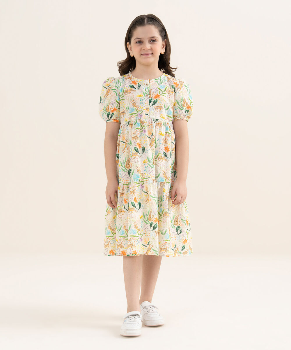 Girl's Khaddar Printed Off White Tier Dress