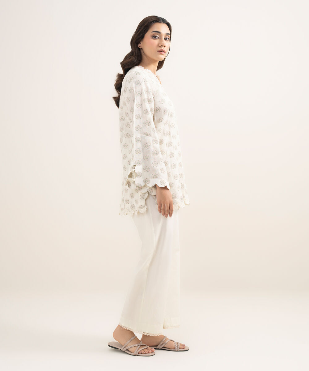 Women's RTW Extra Weft Jacquard Solid Cream White 2 Piece Suit