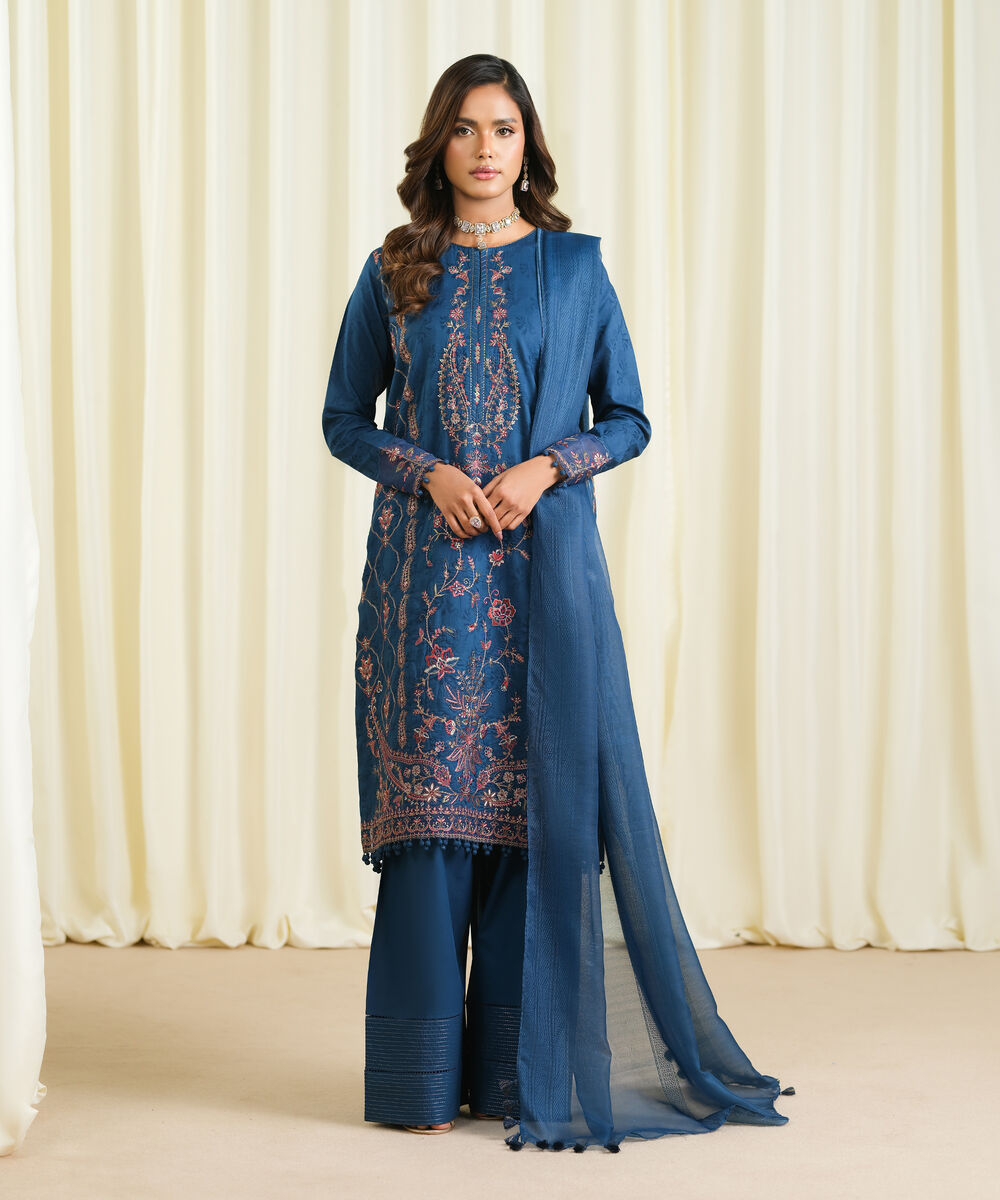 Women's Unstitched Cotton Jacquard Embroidered Blue 3 Piece Suit