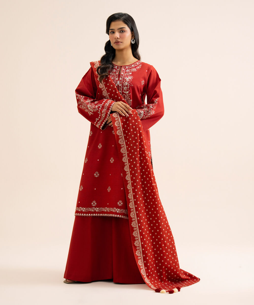 Women's Unstitched Light Khaddar Embroidered Red 3 Piece Suit