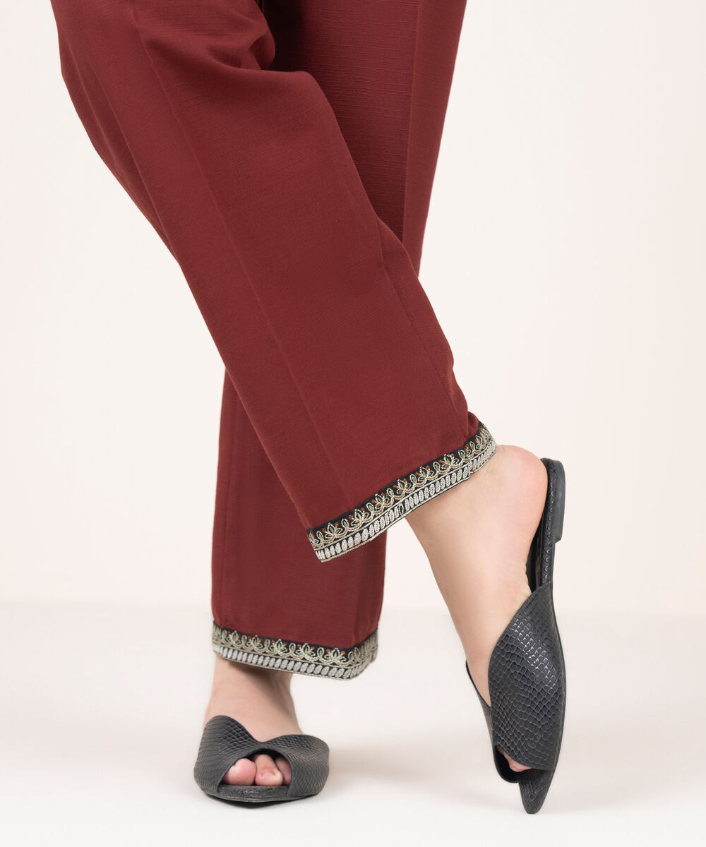 Women's RTW Light Khaddar Embroidered Brown Straight Pants
