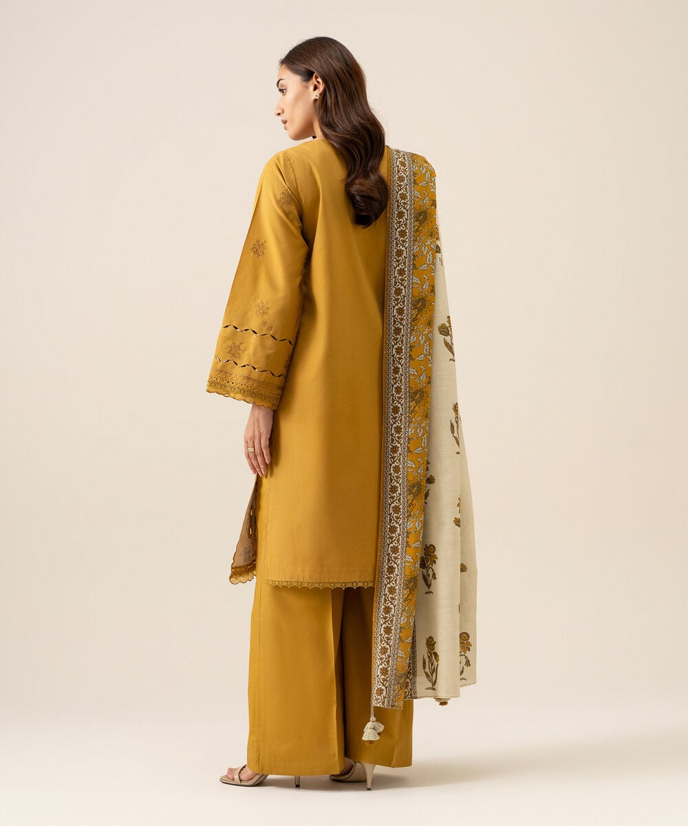 Women's Unstitched Lawn Embroidered Mustard 3 Piece Suit