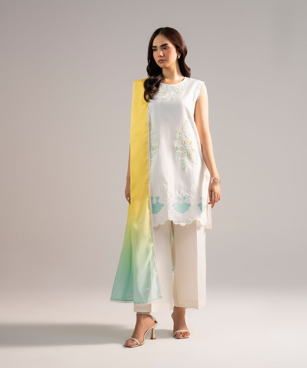 Women's RTW Cotton Satin Embroidered White 2 Piece Suit