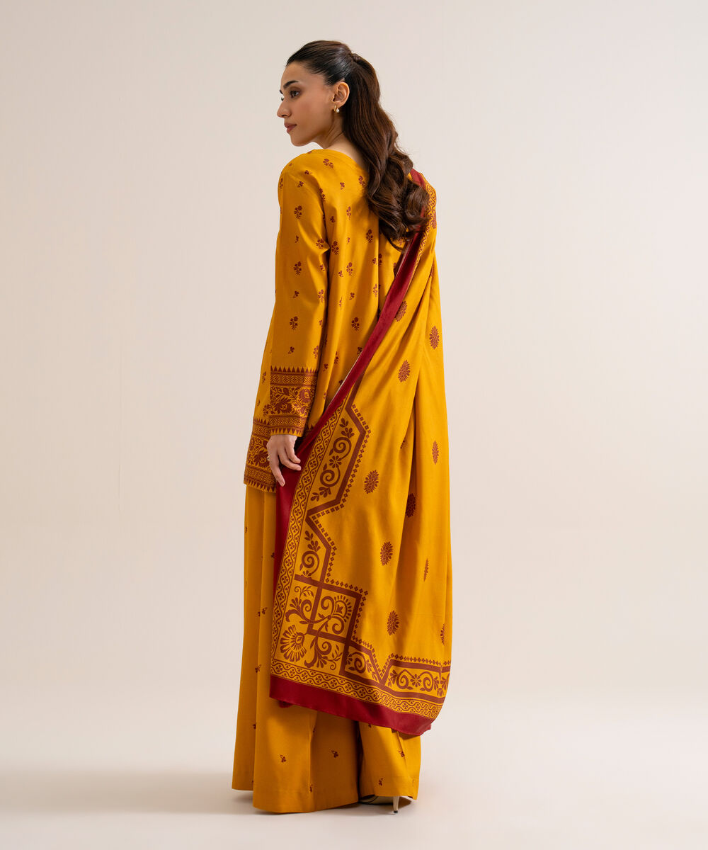 Women's Unstitched Viscose Linen Printed Yellow 3 Piece Suit