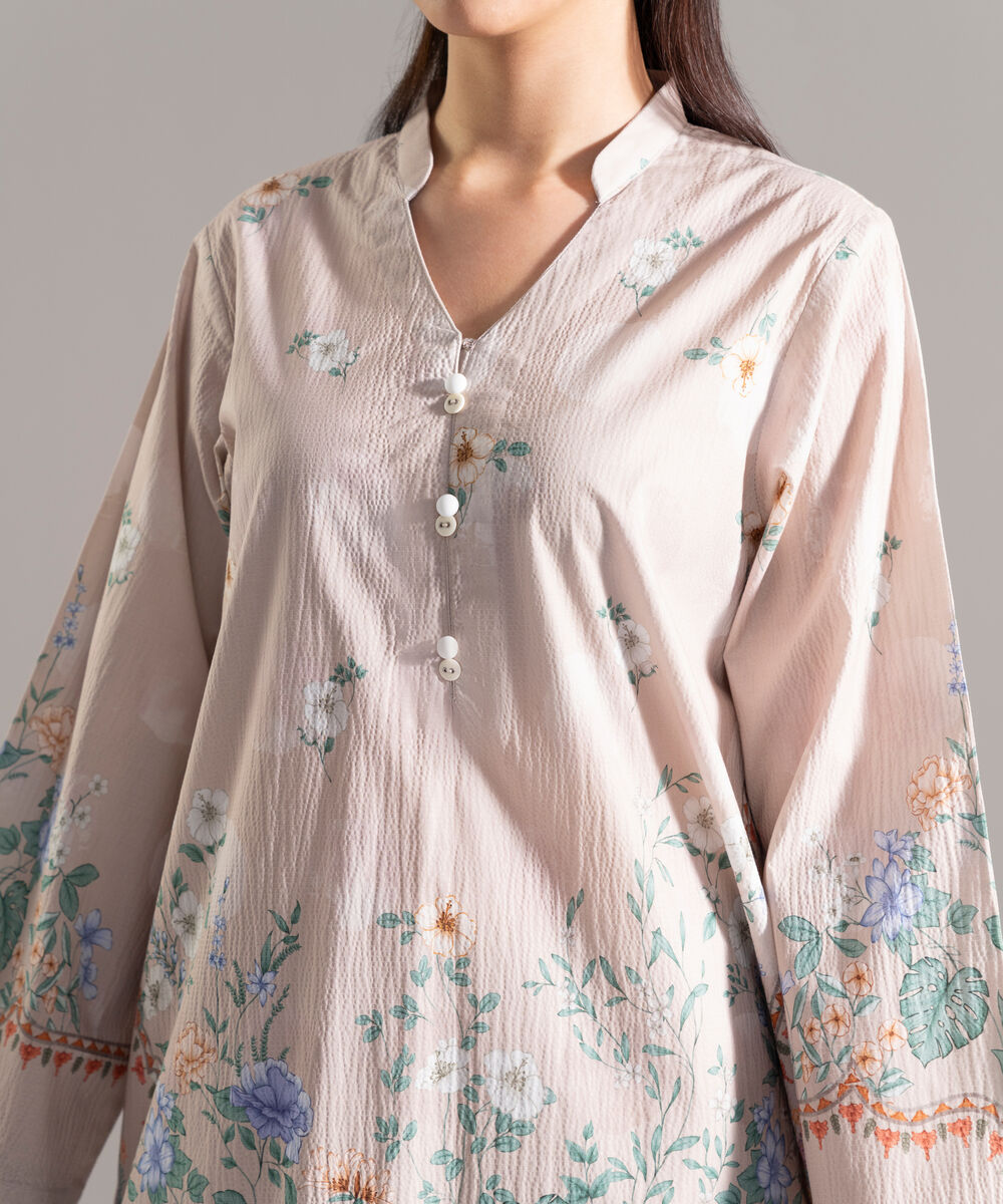 Women's RTW Seersucker Printed Beige 2 Piece Suit