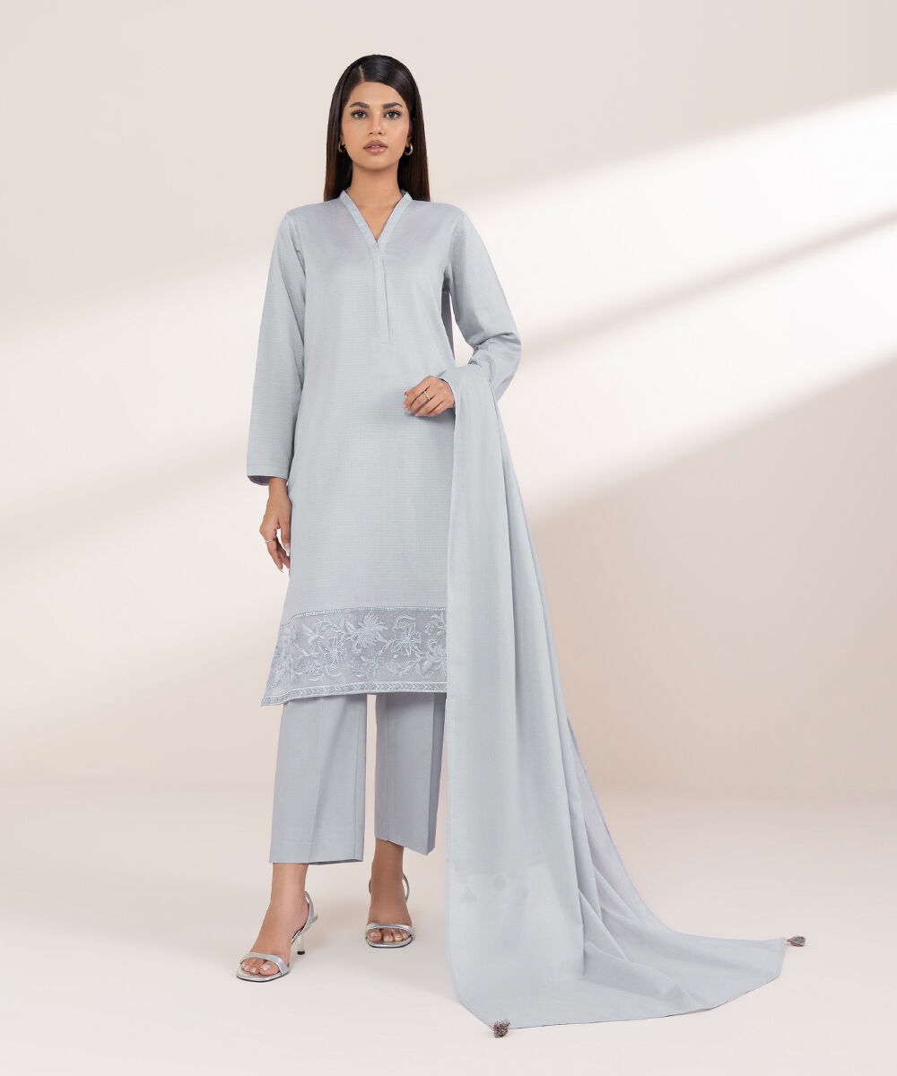 Women's RTW Dobby Purple Embroidered A-Line Shirt