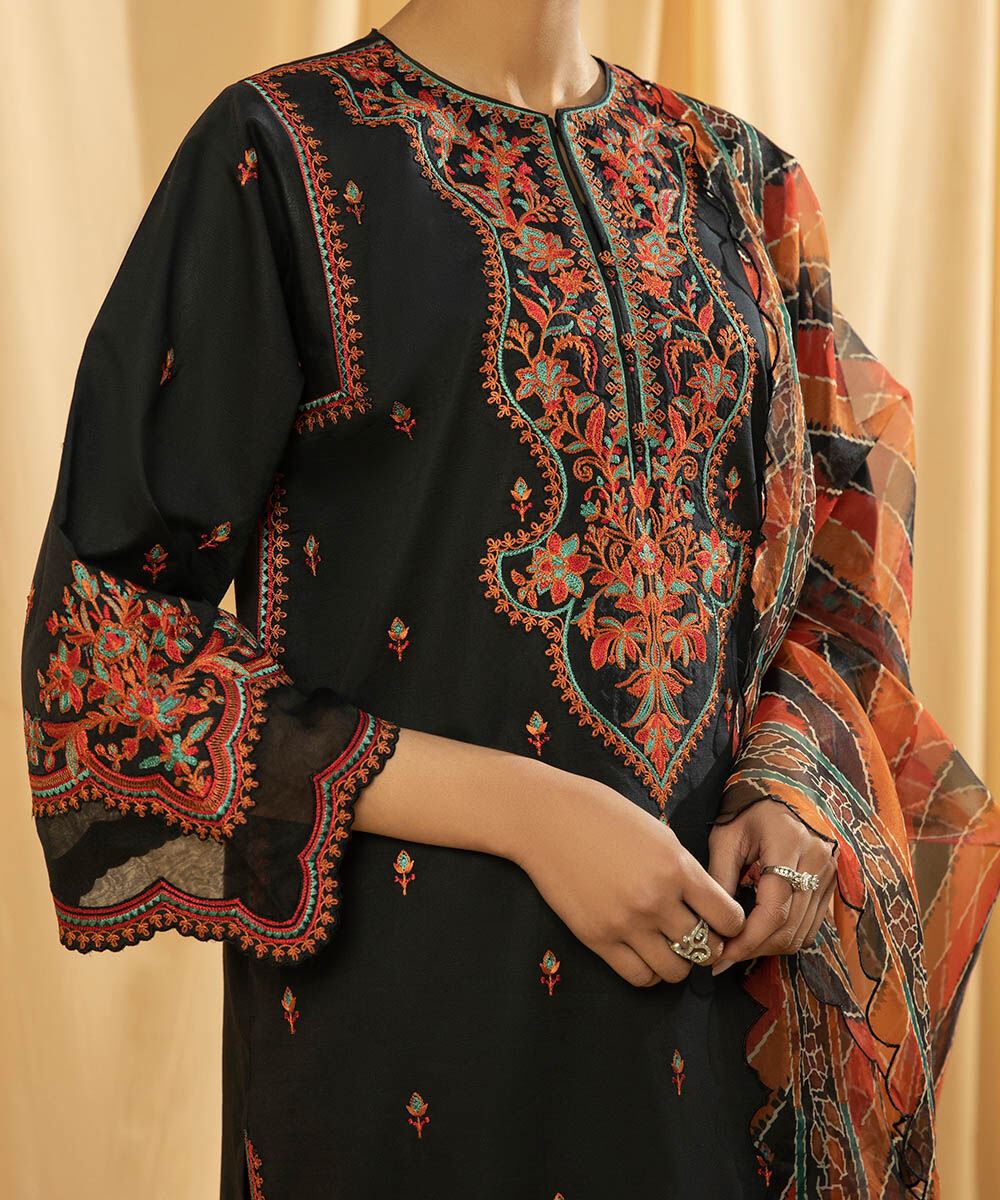 Women's Unstitched Raw Silk  Embroidered Black  3 Piece Suit
