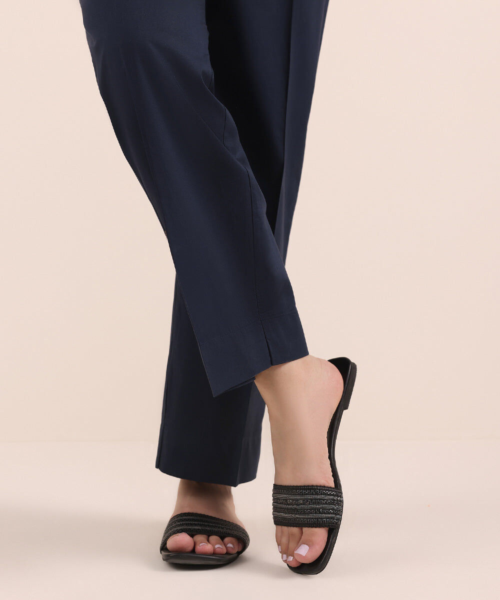 Woman - Blue Solid Cambric Straight Pants