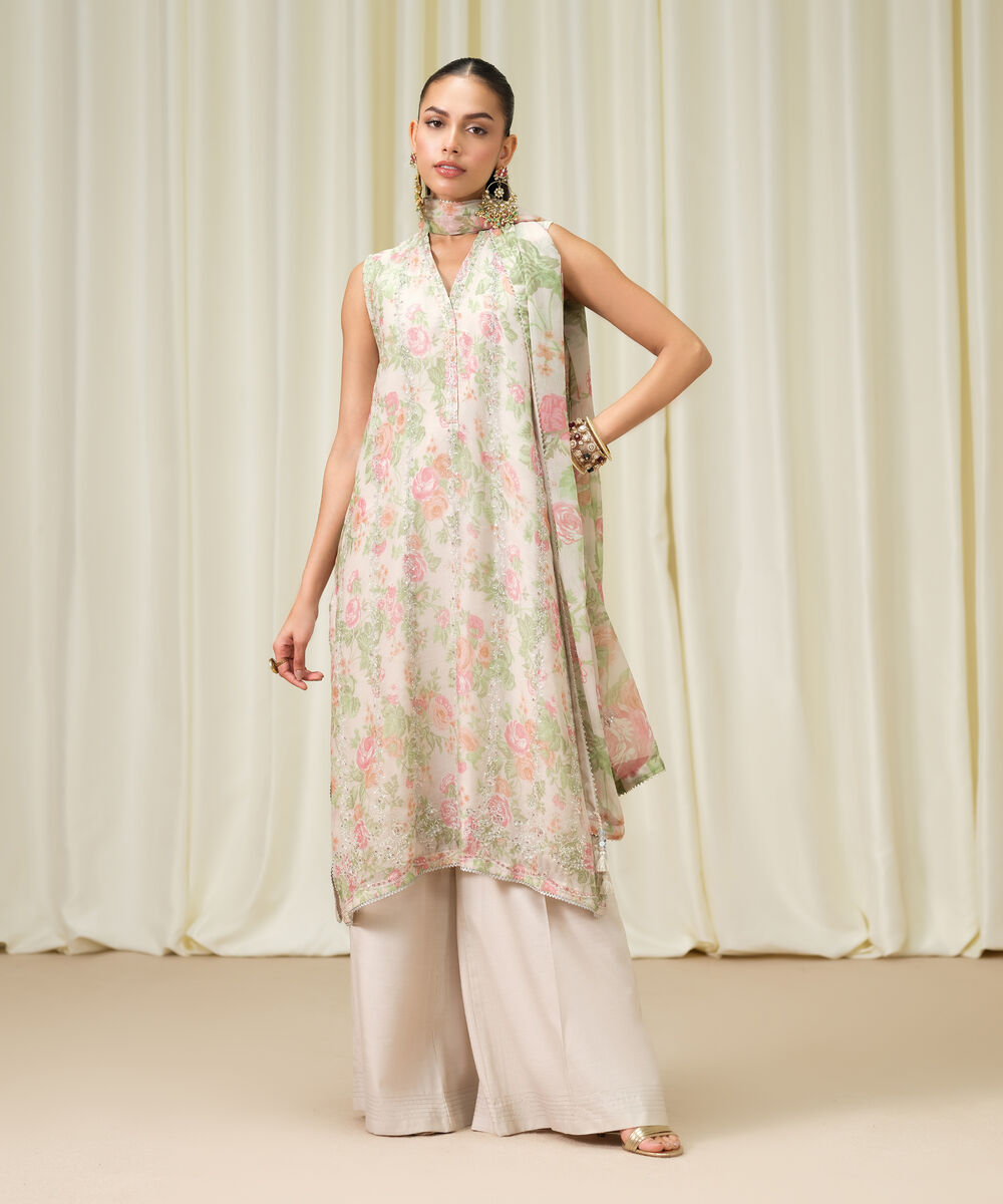 Women's Unstitched Blended Chiffon Embroidered Beige 3 Piece Suit