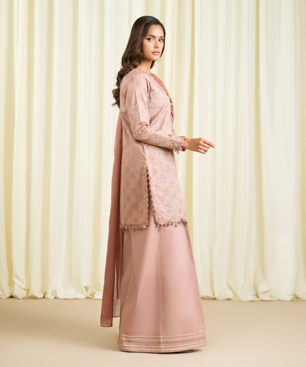 Women's Unstitched Cotton Jacquard Embroidered Pink 3 Piece Suit